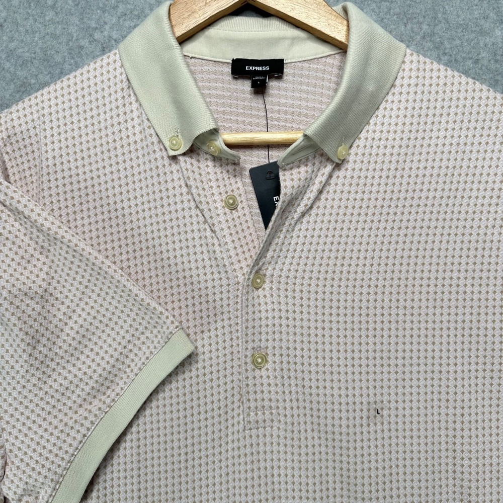 Express Mens Geometric Diamond Polo Shirt Tan Cream Short Sleeve Button‎ Down L